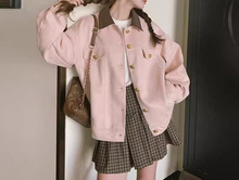 粉色麂皮绒工装外套女春秋新款甜美学院风休闲夹克上衣