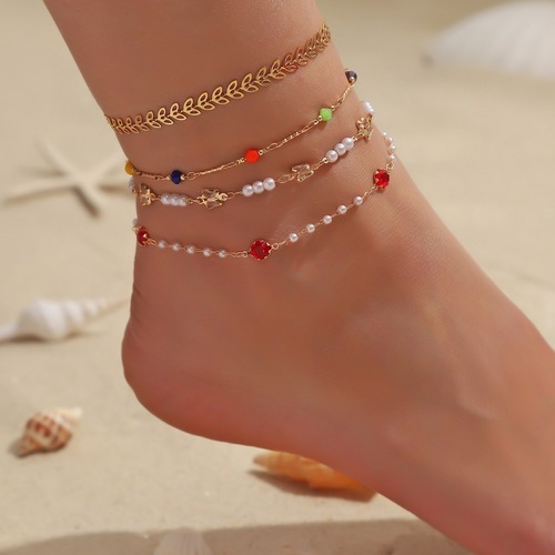 跨境外贸新款波西米亚风糖果色小米珠脚链欧美设计太阳花圆形脚饰