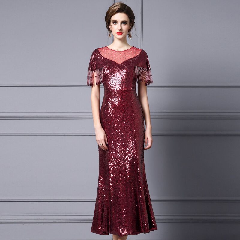 Zhili High-End Unique Dress 2026 New Summer Dress for Banquets with Tassels, Beads, and Sequins, Long Mermaid Skirt