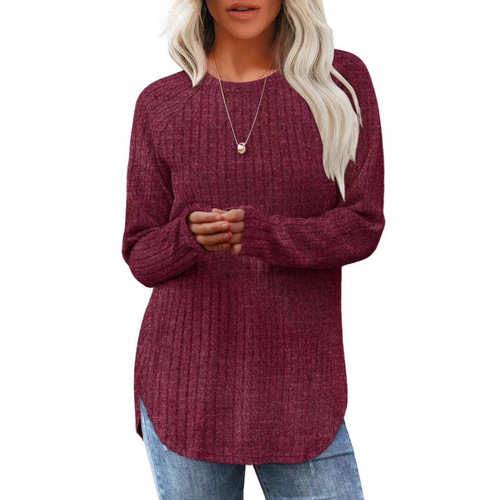 Independent station, Europe and America autumn and winter new style, sanding pit strip, round collar, curved hem, pure color, long sleeves