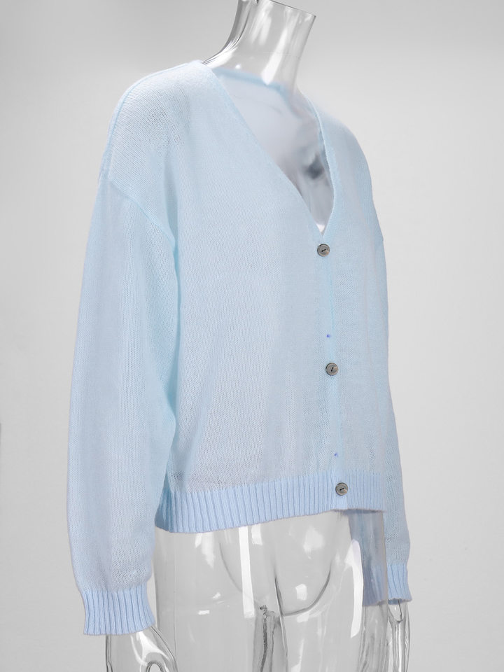 Áo cardigan dệt kim nữ cổ chữ V dáng rộng mỏng nhẹ — Màu xanh dương chi tiết 19