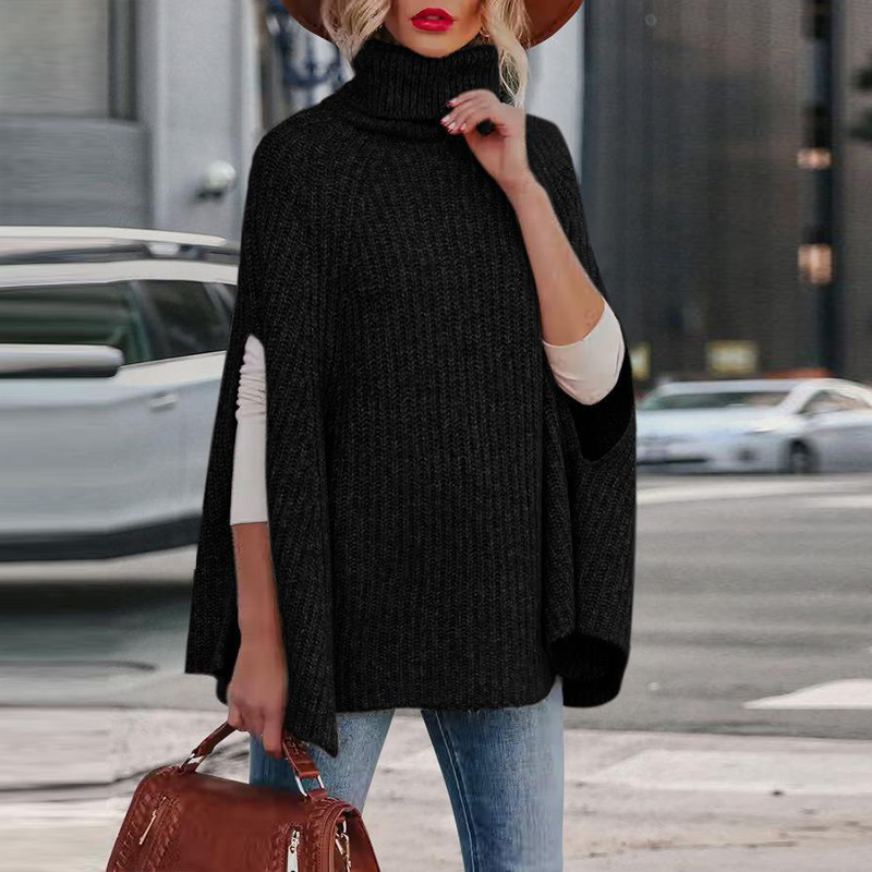 Amazon Cross-Border Supply 2025 Autumn and Winter Solid Color Turtleneck Fashion Cape Loose Women's Sweater in Stock