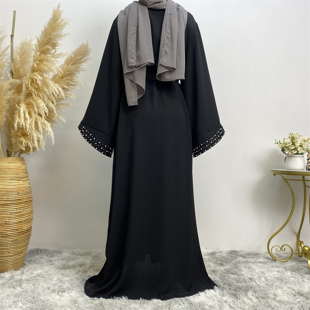 Arab Turkish Middle Eastern Fashion Elegant Solid Color Beaded Muslim Tie-Up Cardigan Robe 1838_ecoleips.com