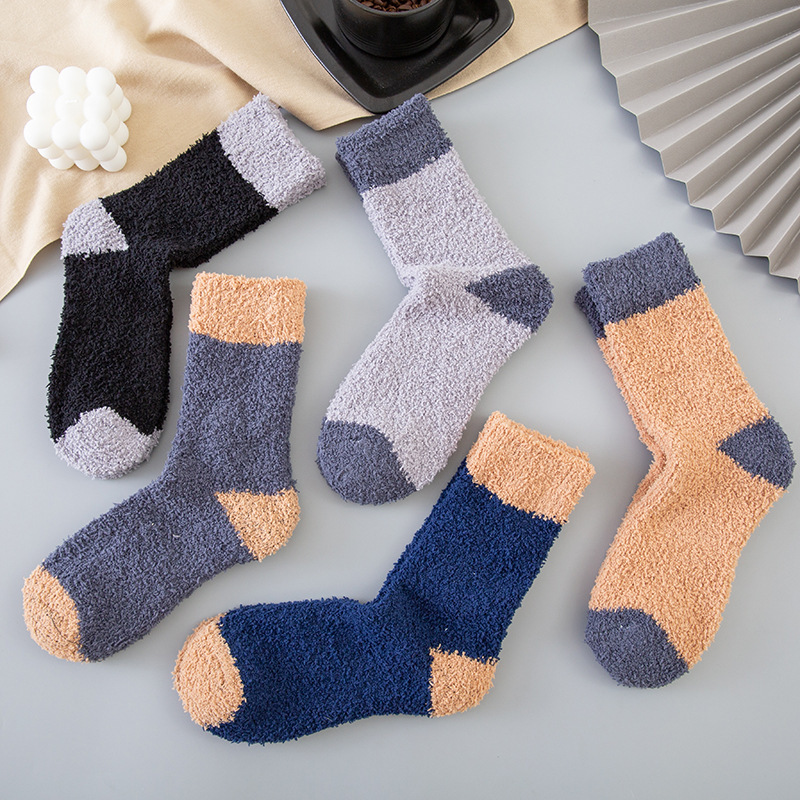 Non-lint coral fleece men's socks fleece-lined thickened sleeping socks winter thickened mid-calf socks floor socks towel socks