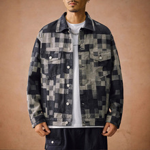高版本GRAILZ小众潮牌美式宽松夹克情侣重磅马赛克棋盘格牛仔外套