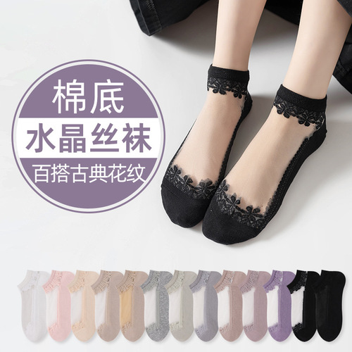 Women's summer thin crystal stockings with floral pattern, crystal fiber, cotton bottom, Haining silk industry.