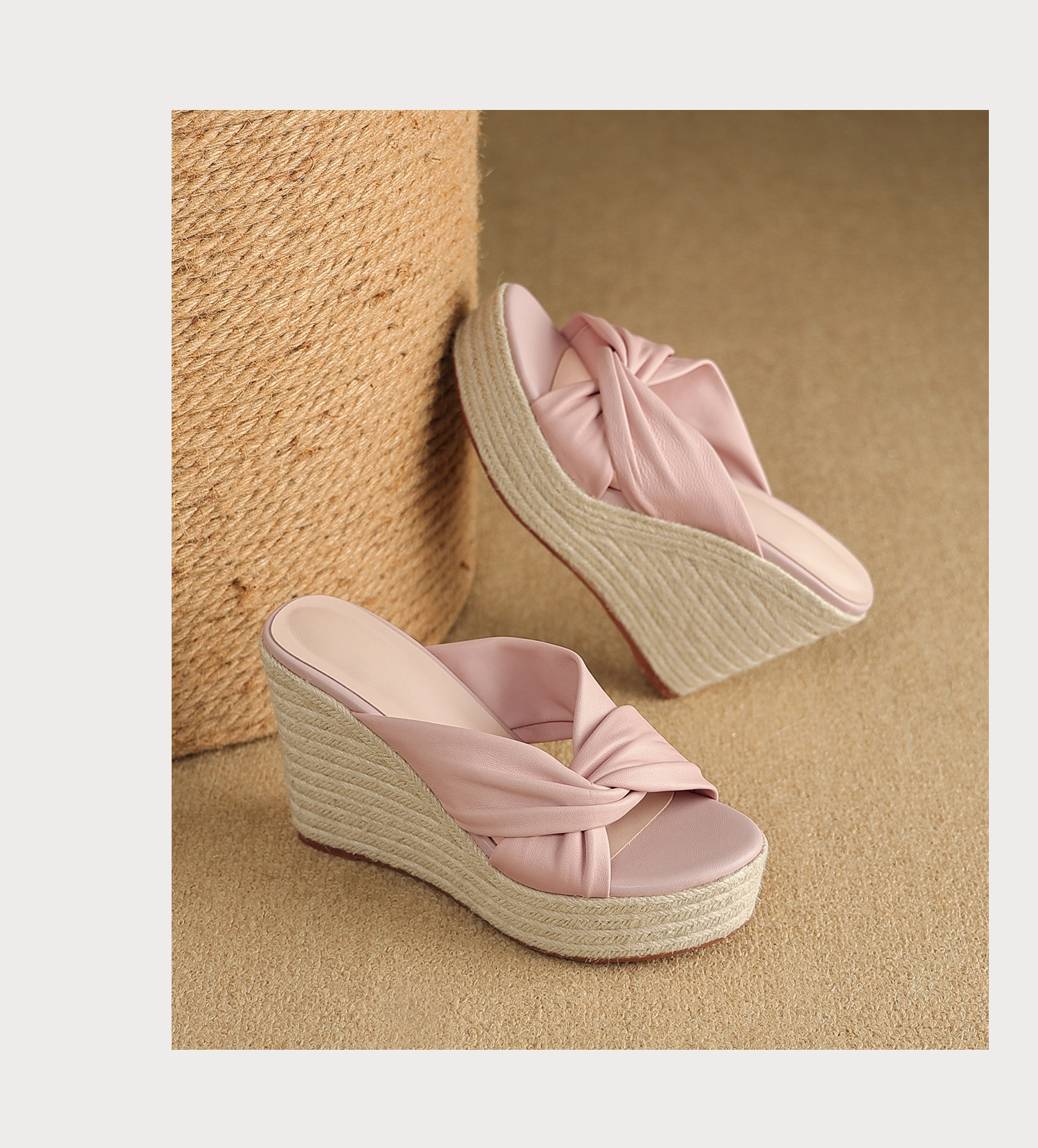 Sandal cao gót nữ quai chéo hở mũi đế xuồng bện cói gót 9 cm — màu thiên thanh, màu hồng chi tiết 21