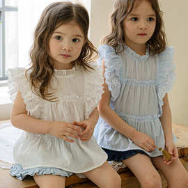 2024夏款草莓珊韩国女童女孩儿童菲边甜美可爱棉质无袖衬衫预售
