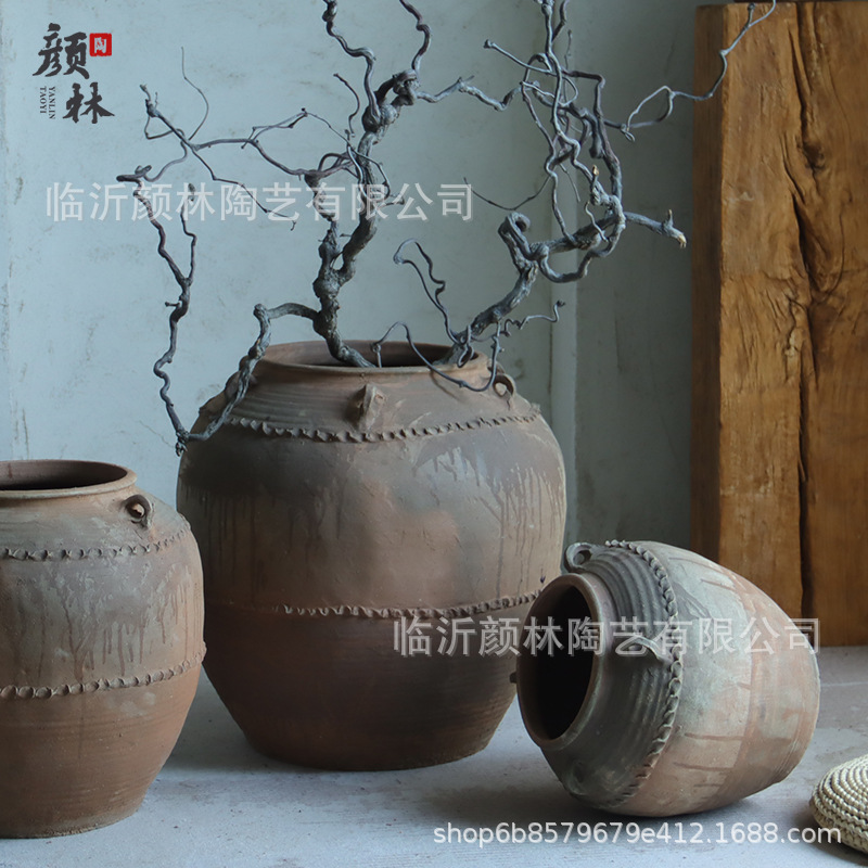 Pot de cerámica de tierra con gran estómago con orejas pot antiguo Lotus pot de suelo maceta de flores de cerámica gruesa adornos de decoración de habitaciones modelo de vivienda