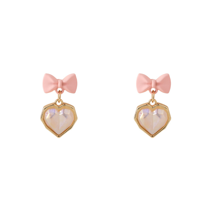 Korean Cherry Blossom Powder Bow Pearl Heart Earrings display picture 4