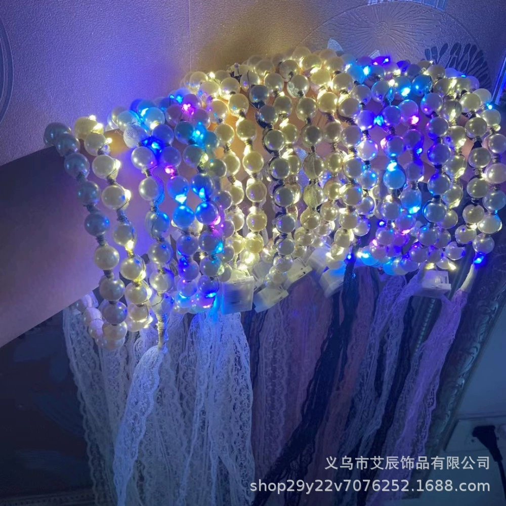 Ободок жемчужный с LED-подсветкой, кружевные ленты, мигающие огни, 0,03 кг