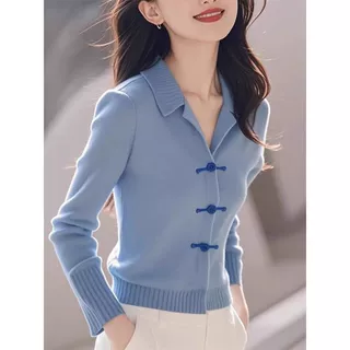 新中式国风蓝色针织开衫毛衣女2024秋冬新款舒适显瘦气质短款上衣