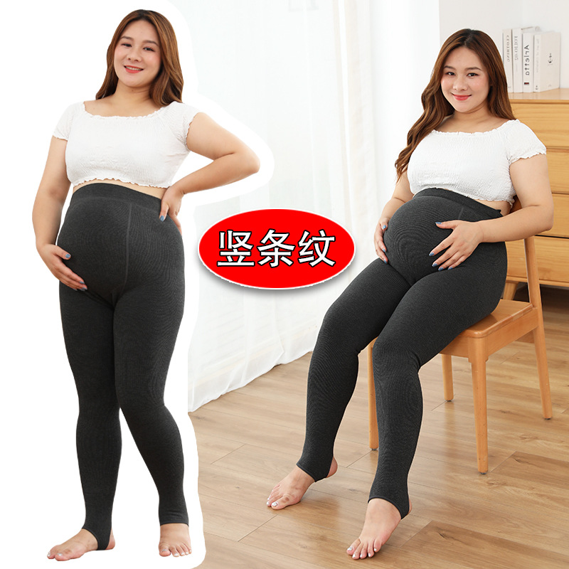 Pregnant Women's Wear Autumn and Winter Vertical Striped Leggings Women's Outer Wear Pregnant Women's Belly-supporting Leggings Beige One-piece Thick Cotton Pantyhose