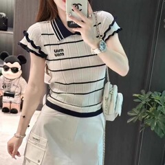 2025夏季新款时尚翻领撞色条纹修身显瘦减龄百搭针织衫休闲上衣薄