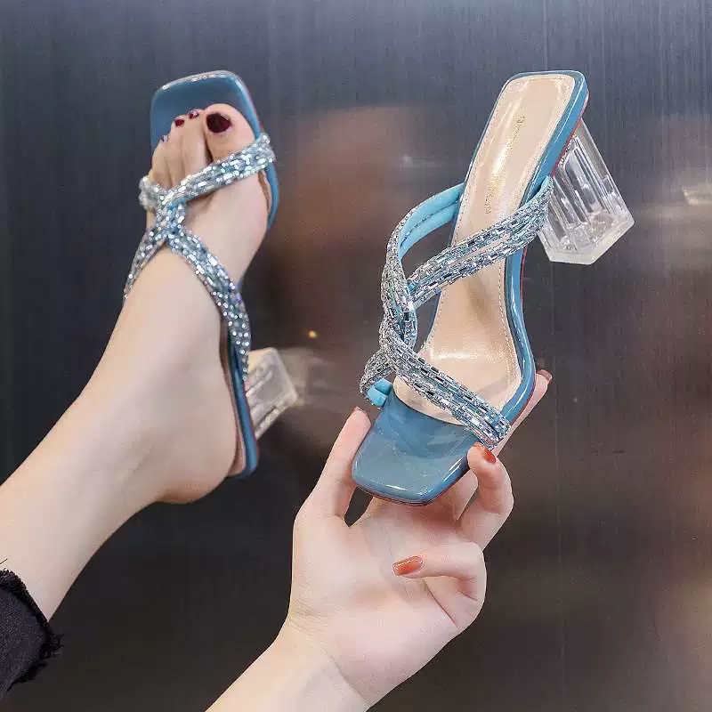 Женские босоножки на кристаллическом каблуке, летняя новинка 2025 года, корейский стиль, модные, квадратный носок, толстый высокий каблук, шлепанцы