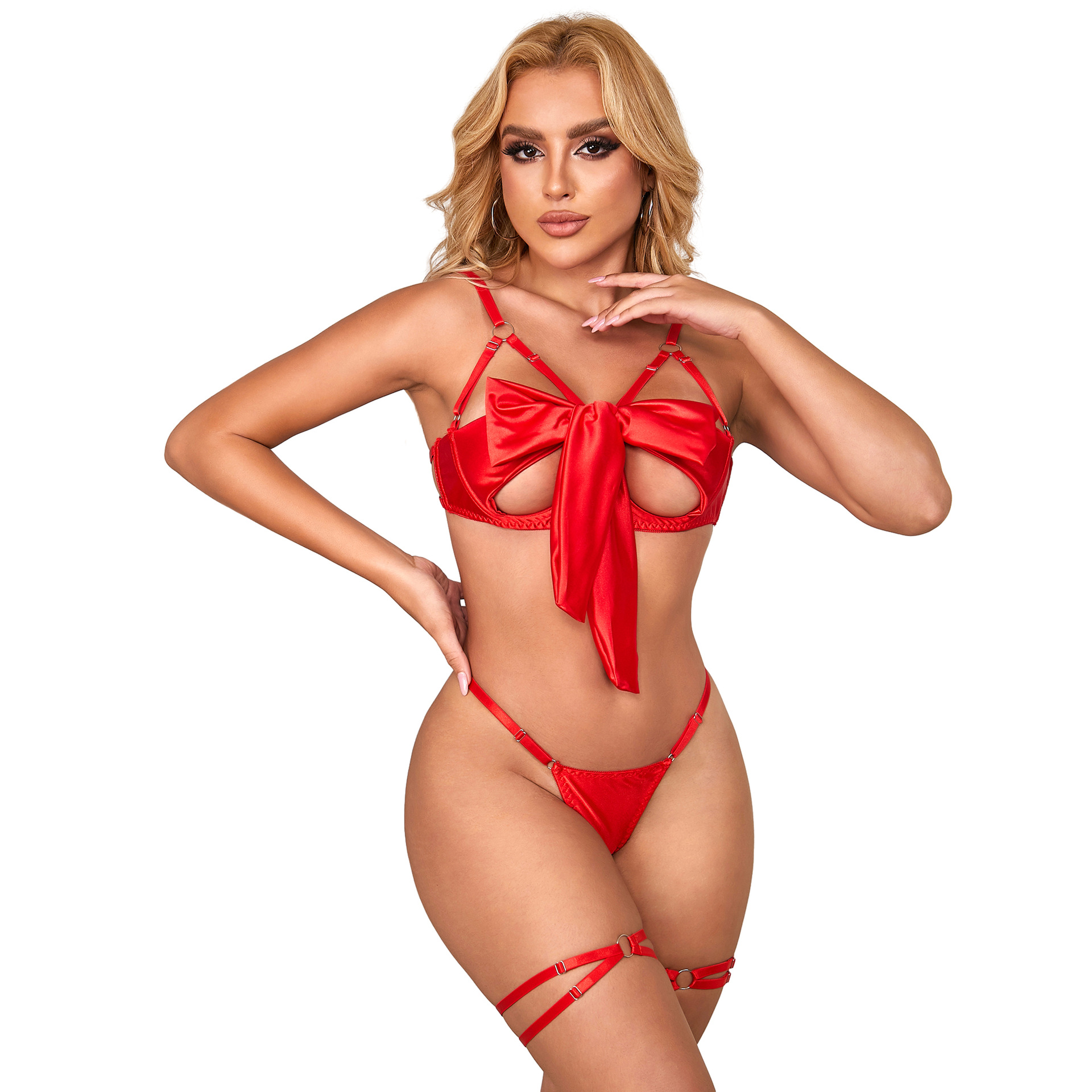 2024 AliExpress Hot Hot Sex Underwear Anillo de acero hueco sexy pechos abiertos anillo de pierna de cinta de satin coqueteo conjunto de tres piezas
