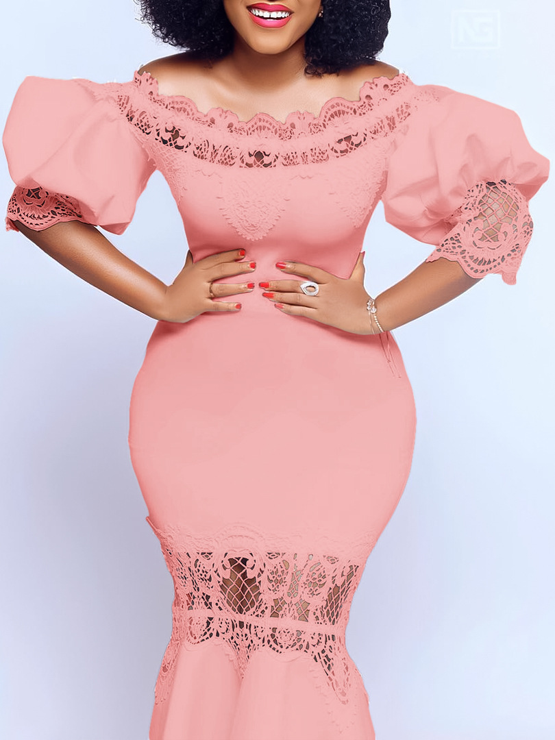 Estación independiente de las mujeres fuera de cuello puff manga encaje costura banquete vestido de cola de pescado Falda larga vestido de comercio exterior transfronterizo image 5
