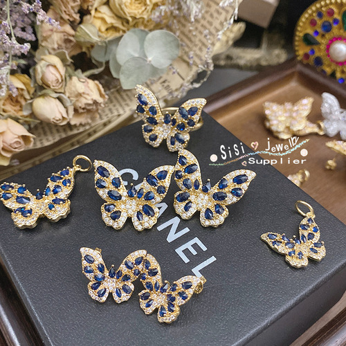 SIsi padparadscha pink butterfly set for women, super fairy plated 18K gold micro-paved green spinel Cuic zircon earrings