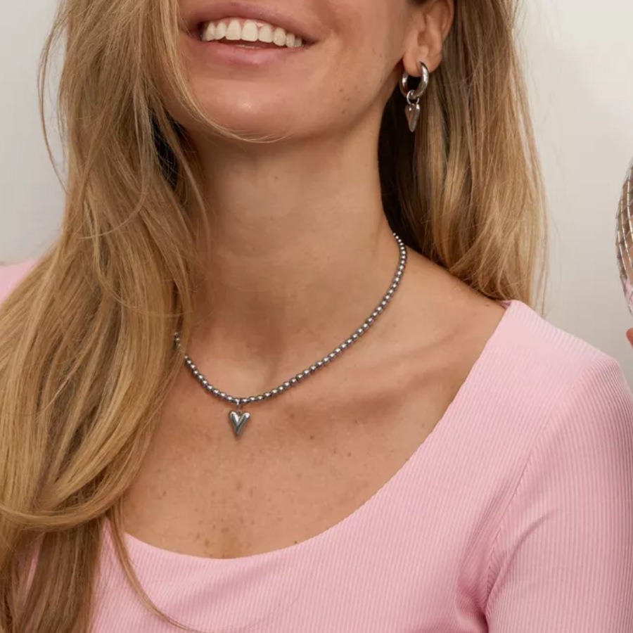 European And American Cross-Border Fashion Bead Heart-Shaped Simple Necklace For Women, Versatile Non-Fading Titanium_voghion.com