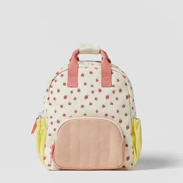 Cross-Border New Cotton Canvas Dopamine Strawberry Print Color Matching Cute Children's Backpack School Bag