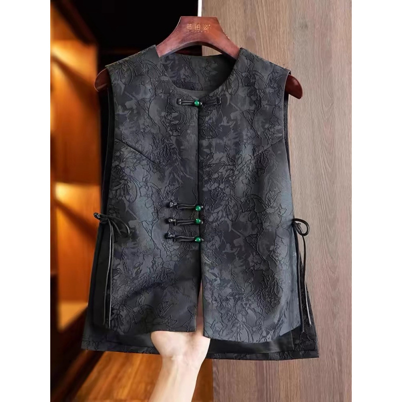 Official New Chinese Style Black Jacquard Vest Jacket for Women Spring and Summer High-End National Style Disc Button Waistcoat Vest Top