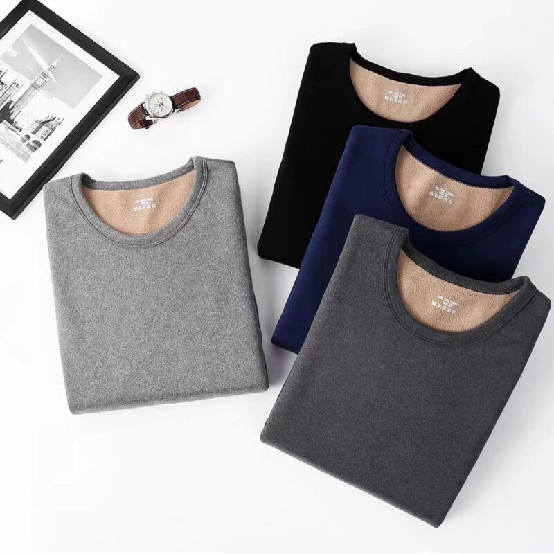 Men's Thermal Underwear Made of German Velvet and Lamb's Wool, Extra Large and Comfortable, Brushed Round-Neck Fleece-Lined Autumn Shirt for Cold Weather