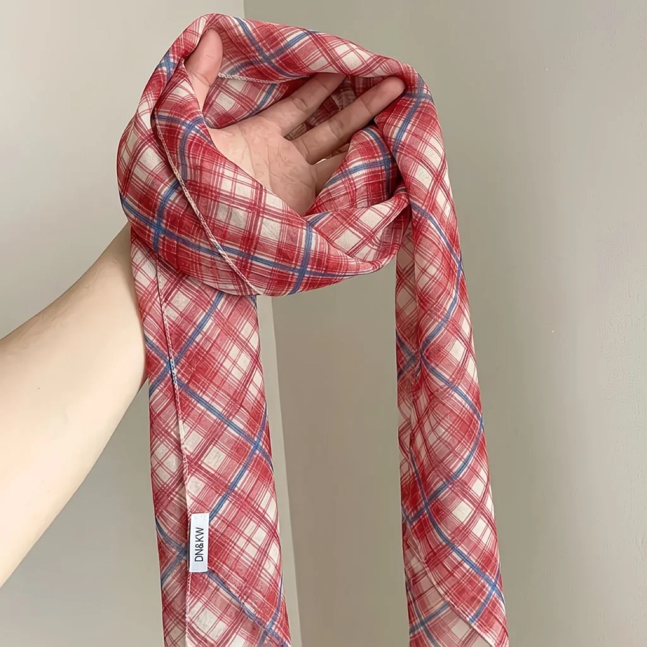 11# korean red and blue plaid light and slightly transparent silk scarf about 145cm