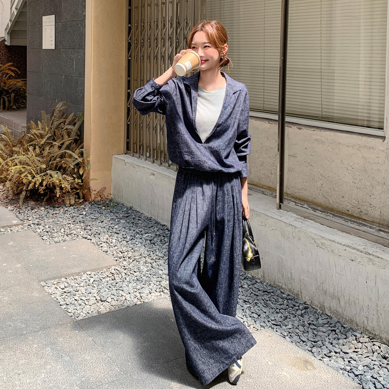 韩系慵懒松弛感假两件卫衣套装女2025秋新款宽松休闲阔腿裤两件套|undefined
