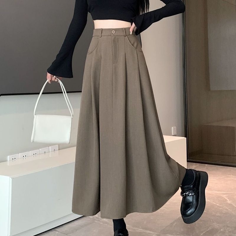 春と秋の女性用黒スーツスカート、ミドル丈、ハイウエスト、スリム、ドレープ、Aライン、大きな裾のアンブレラスカート、プリーツロングスカート|undefined