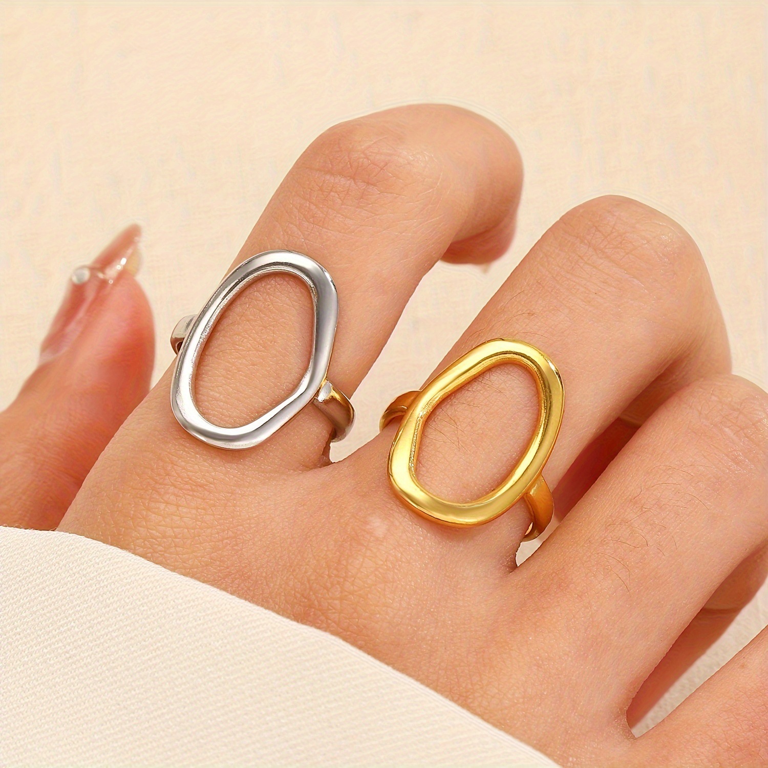 Fashionable geometric ring stainless steel, European style, Aliexpress, simple and elegant design, 18 carat white gold