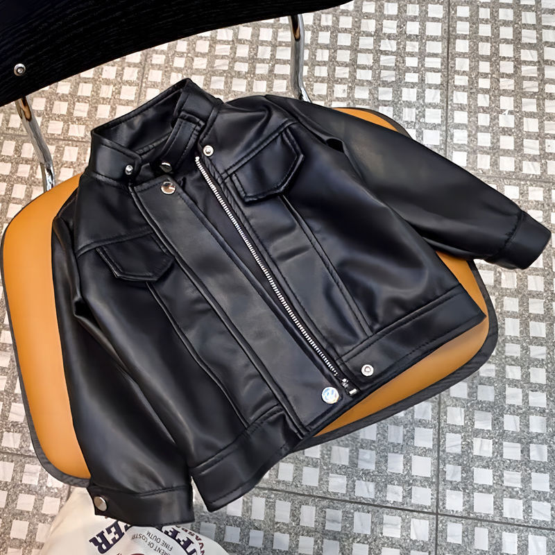 Small and medium-sized children's new handsome leather clothing that girls Joker motorcycle leather jacket outside wear spring and autumn baby leather clothing tide