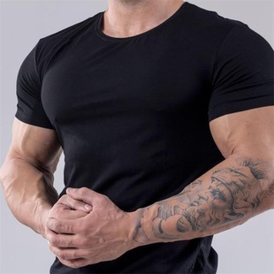 Cotton Slim-fit Short-sleeved Men's Autumn and Summer Sports Elastic Round Neck T-shirt Fitness Clothes Half-sleeve Breathable Thin T-shirt