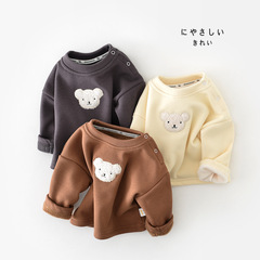 2022 Winter Korean Version Instagram Baby and Toddler Solid Color T-Shirt with Fleece and Thick Bear Hoodie Underwear