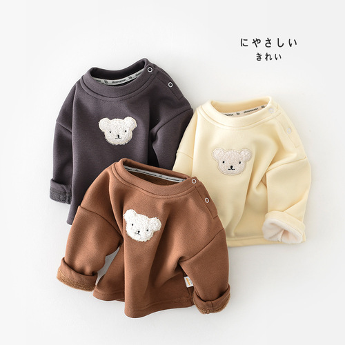 2022冬季韩版ins婴幼童纯色T恤 宝宝加绒加厚熊头套头打底衫