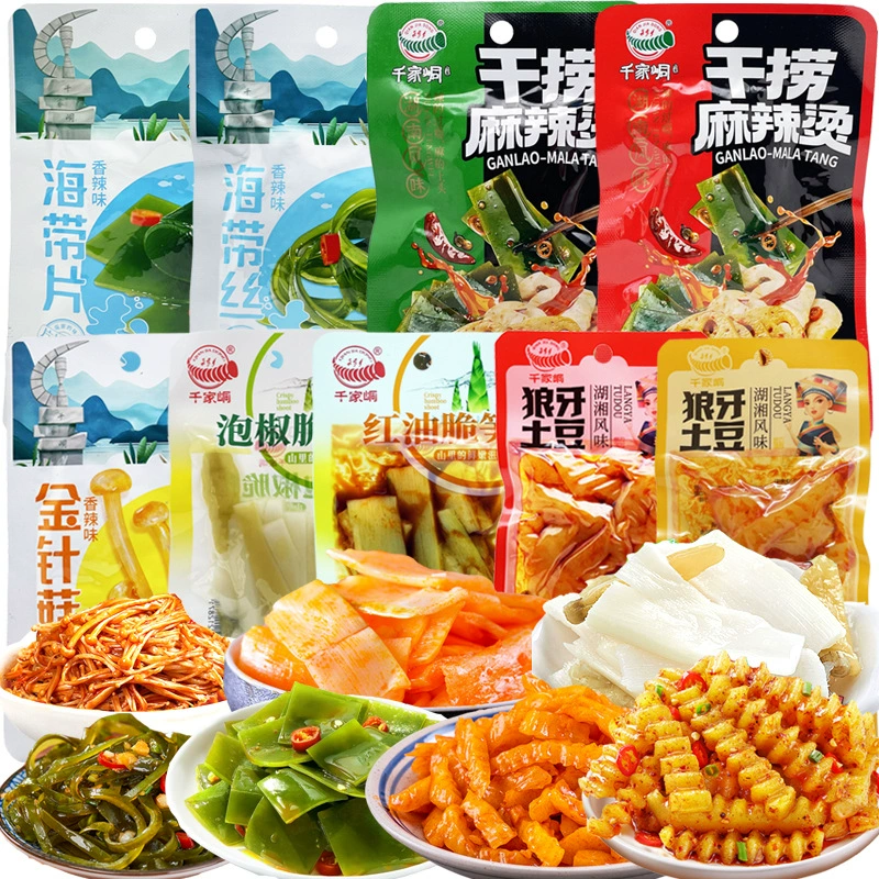 Острые сушеные водоросли с овощами, хрустящие побеги бамбука, грибы эноки и картофель "волчий зуб" в качестве легкого перекуса или гарнира.