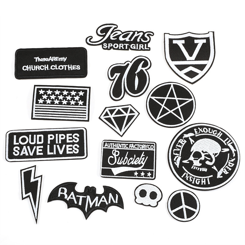 刺绣贴黑白字母英文补丁贴服装辅料衣服包鞋帽装饰布标徽章布贴