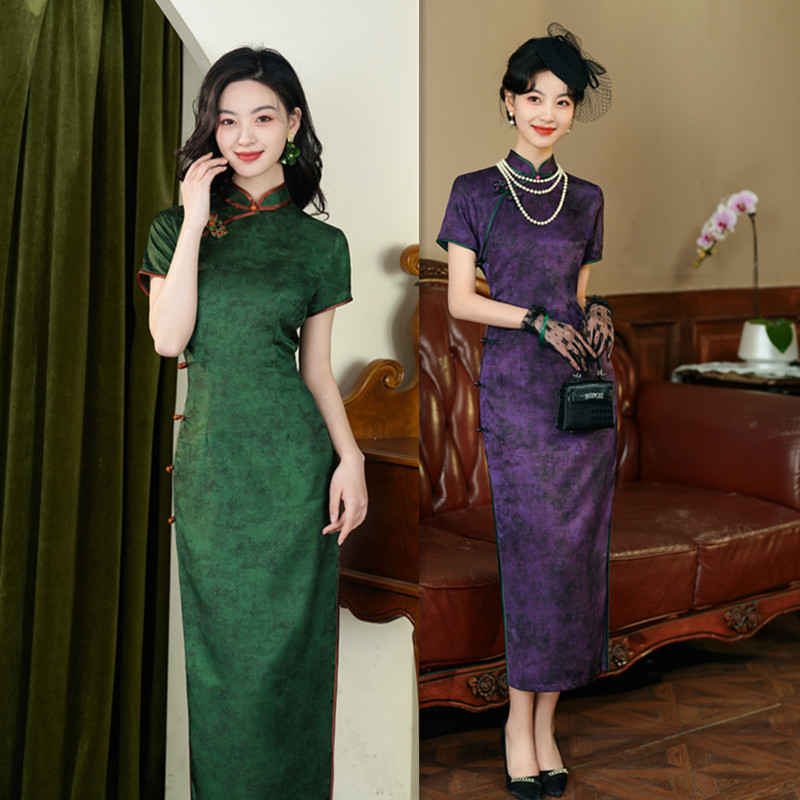 老上海復古中國風長款綠色送考旗袍2025春夏新款高考媽媽紫色旗袍