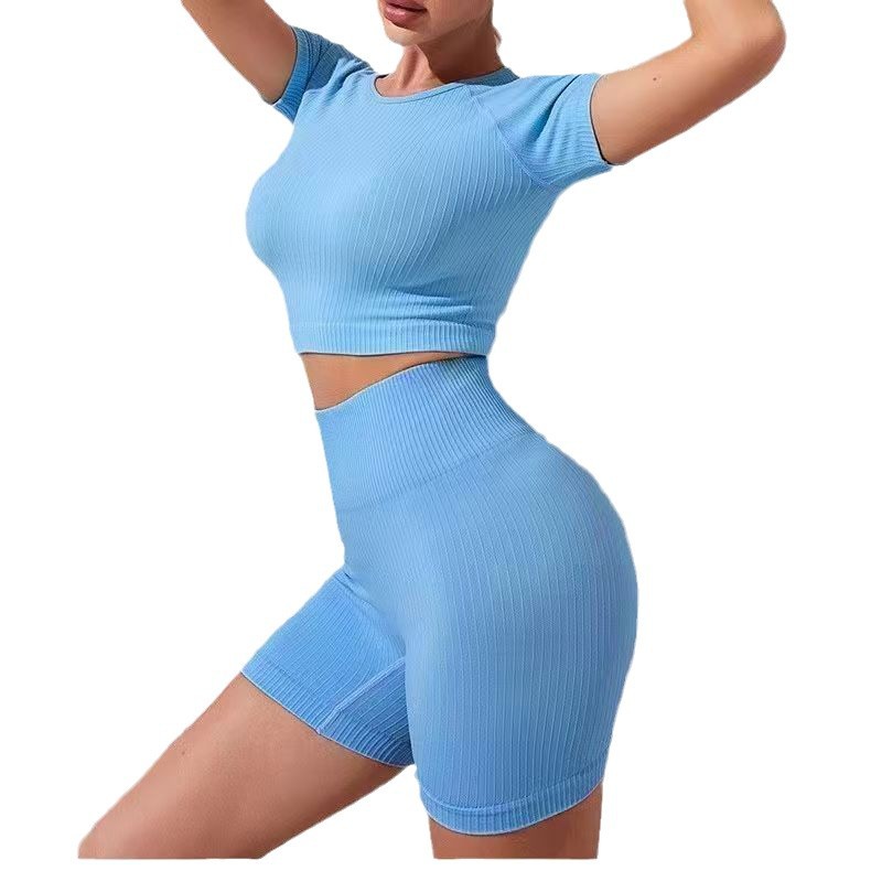 Transfronterizos europeos y estadounidenses entrenamiento deportivo yoga camiseta de mangas cortas pantalones cortos deportivos mujeres fitness ajustado deporte correr manga de yoga