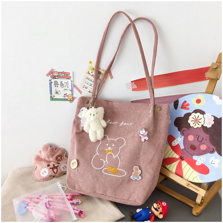 Women's Large Corduroy Bear Cute Magnetic Buckle Tote Bag display picture 13