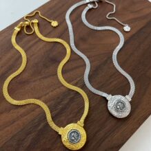 S925纯银高定唐草纹女王圆牌编织蕾丝抽拉项链女金银色工厂直销