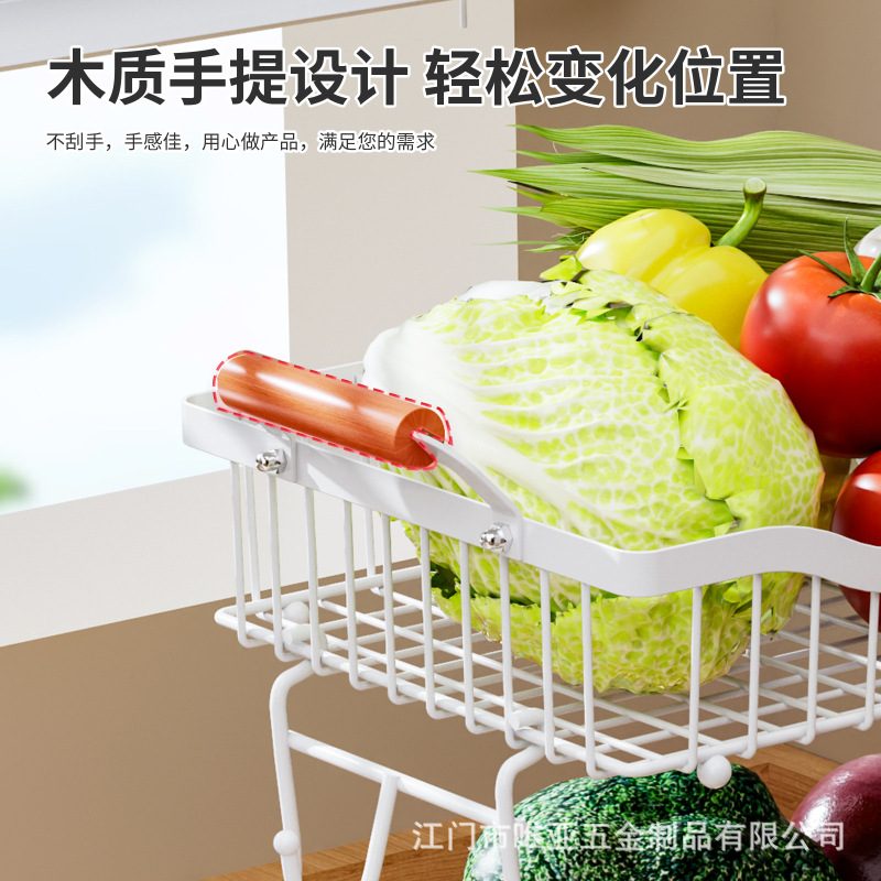 台所のテーブルの野菜の棚のテーブルの上の果物のかごのかまどの多層の放水の果物の野菜の収納かごは木の柄を持ちます。|undefined