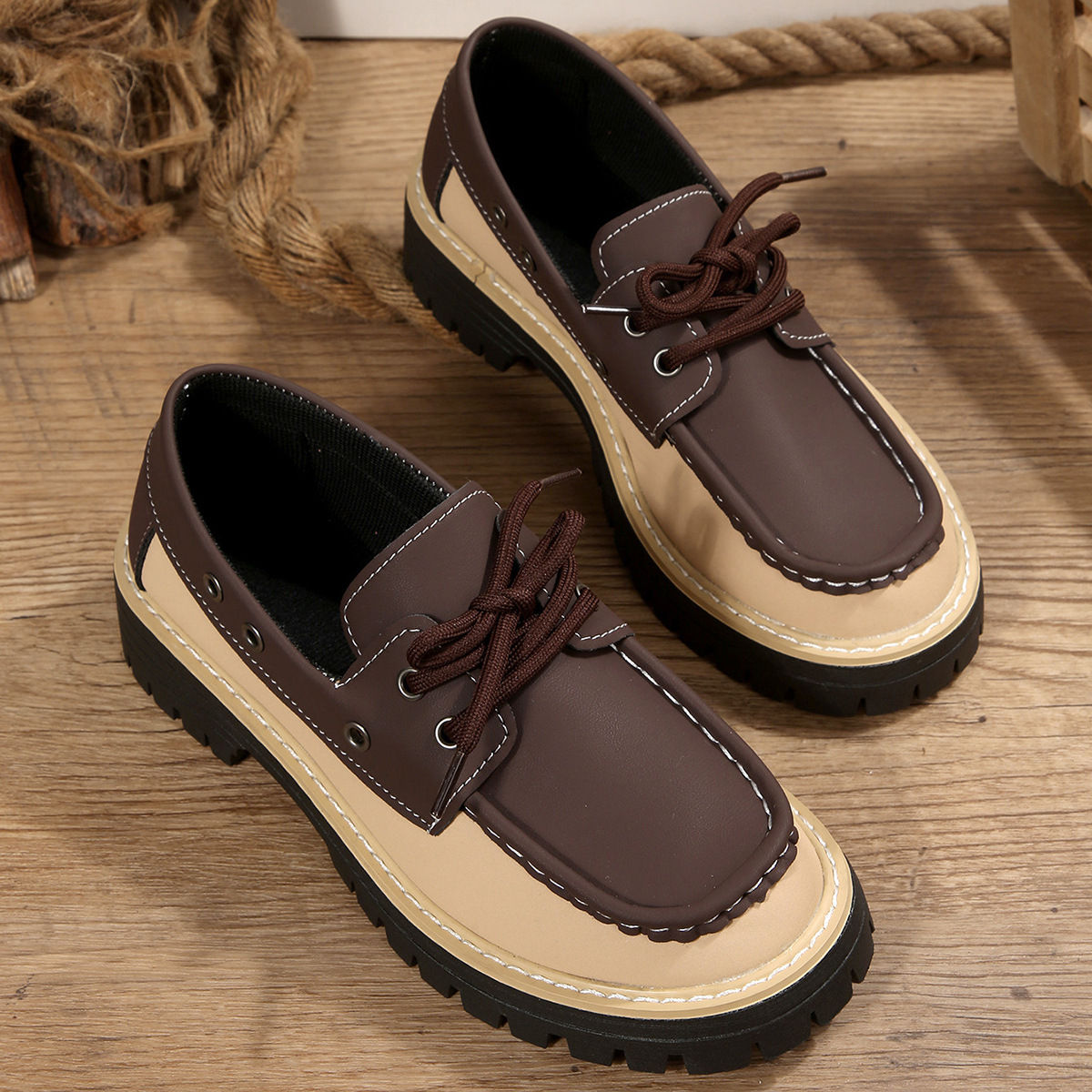 Women's Spring Color Blocked British Style Low Top Loafers Lace Up Thick Sole Plus Size Shoes New Style_voghion.com
