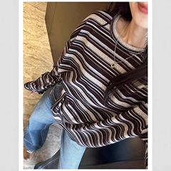 KK881闭眼入~不挑身材慵懒复古条纹长袖T恤女新款宽松圆领打底衫