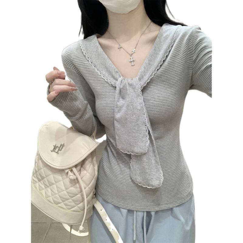 秋季韩版纯欲海军领撞色条纹设计感减龄棉长袖T恤女上衣|undefined