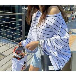 女装韩国高货夏大圆领横条纹落肩宽松长袖T恤