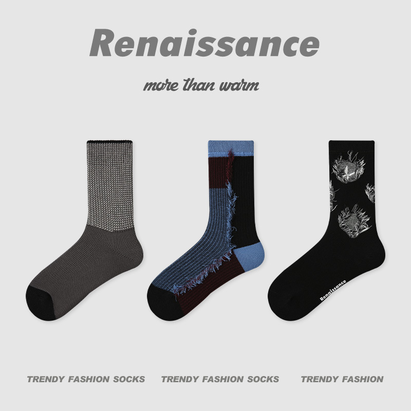 ルネッサンス新中国風秋 2025 新しいチェック柄花柄ミッドカーフソックス ins 文学ファッション女性の靴下