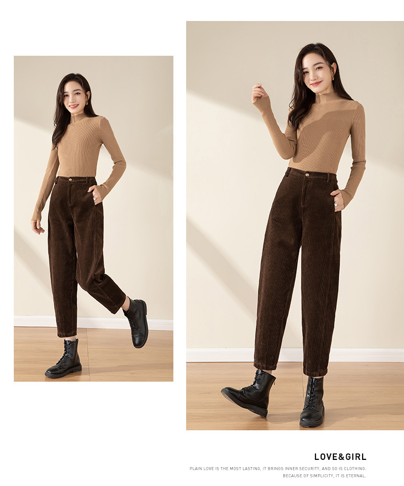 Quần cà rốt nhung kẻ nữ cạp cao ống rộng dáng suông — Màu kaki nhạt chi tiết 20
