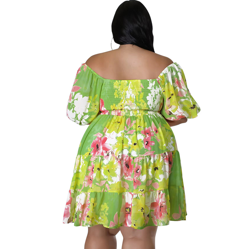 Plus Size Off Shoulder Floral Dress With Puff Sleeves, Flowy Swing Midi Dress For Women_ecoleips.com