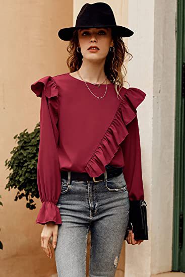 Women's Blouse Long Sleeve Blouses Lettuce Trim Fashion Solid Color display picture 9