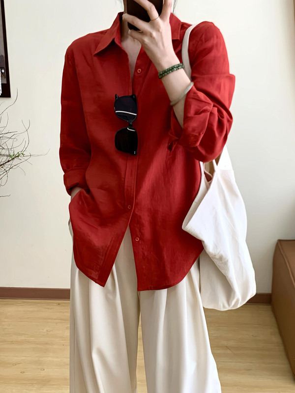 韩版显白红色亚麻通勤衬衫女2025秋季新款高级感慵懒翻领长袖衬衣|undefined